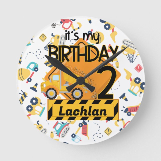 Relógio Redondo segundo aniversário de caminhão de construção amar (Frente)
