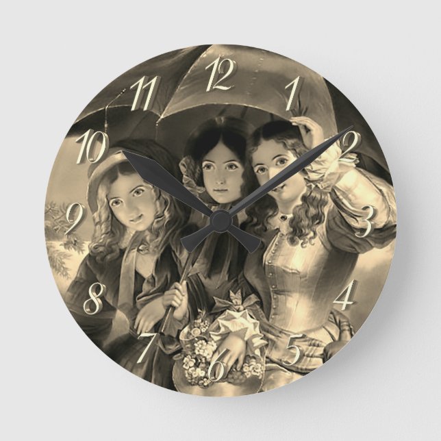 Relógio Redondo Senhoras vitorianas guarda-chuva dia chuvoso senho (Frente)
