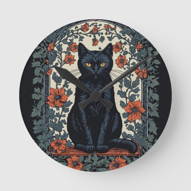 Relógio Redondo Sentado Black Cat Vintage Floral (Frente)