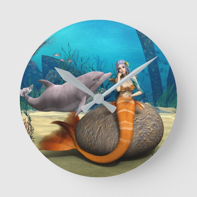 Relógio Redondo Sereia Sonhadora Golfinho Arte Fantasia Subaquátic (Frente)