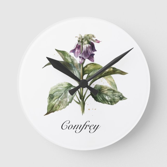 Relógio Redondo Serene Watercolor Comfrey, personalizada (Frente)