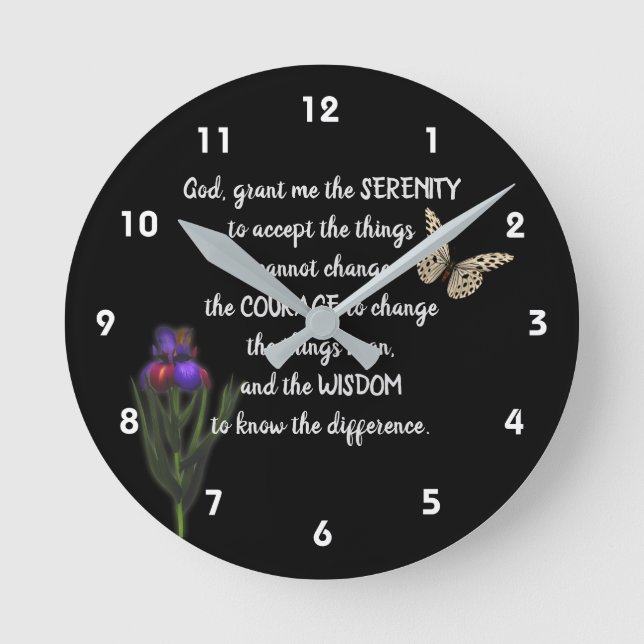 Relógio Redondo Serenity Prayer Flor Butterfly Inspiron   (Frente)