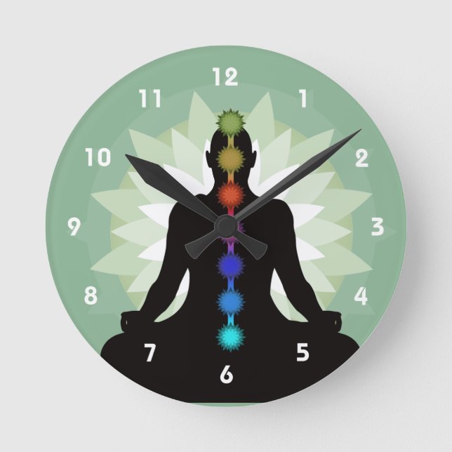Relógio Redondo Sete Chakras Yoga Position Design Wall Clock (Frente)