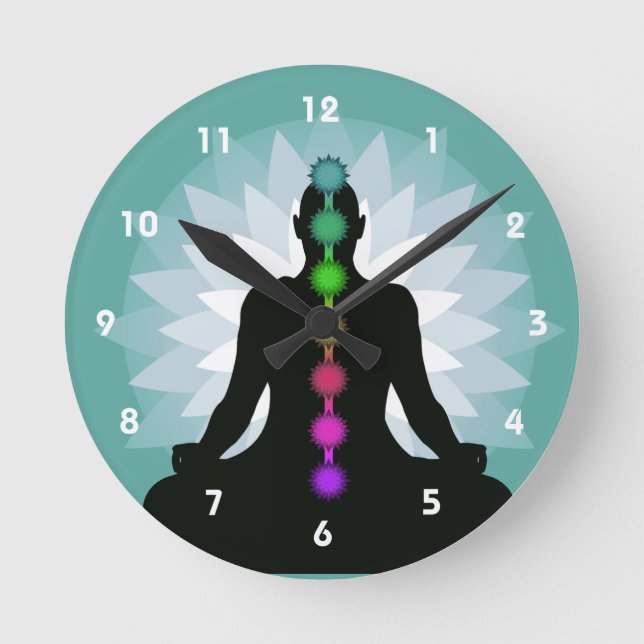 Relógio Redondo Sete Chakras Yoga Position Design Wall Clock (Frente)