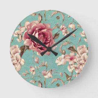 Relógio Redondo Shabby Chic Pink and White Florals on Teal