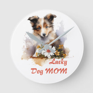 Relógio Redondo Shetland Sheepdog Puppy Pet Watercolor Fllower