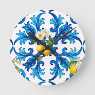 Relógio Redondo Siciliano,verão,limão,mosaico,azul,cachecol