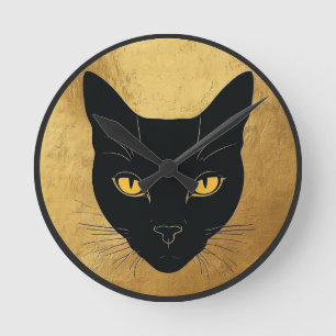 Relógio Redondo Silhueta de Gato Preto Contra um Círculo Dourado