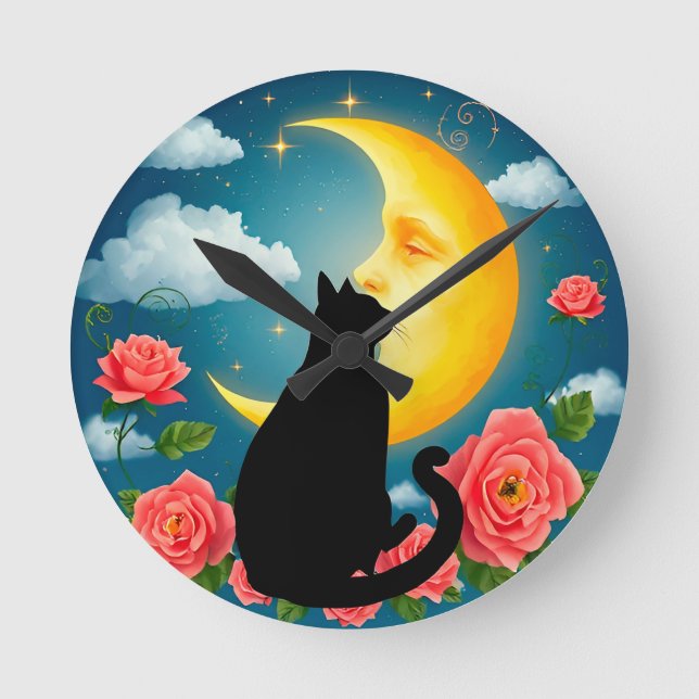 Relógio Redondo Silhueta de gato sentado diante da lua (Frente)