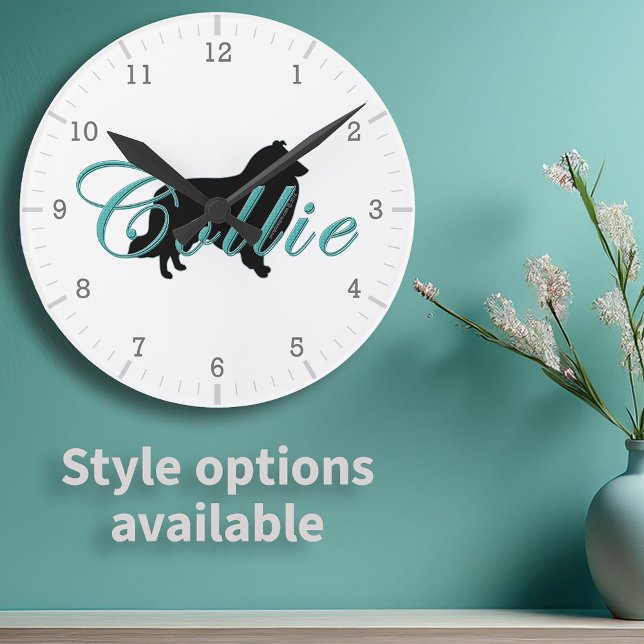 Relógio Redondo Silhueta do Rough Collie Texto em Teal (Rough Collie Silhouette Teal Script Text Round Clock with available style options)