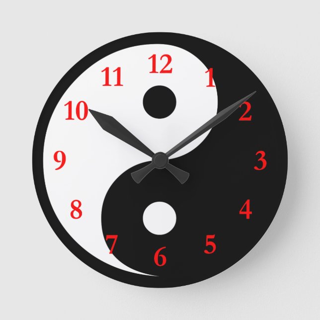 Relógio Redondo Símbolo Branco Preto Yin Yang com Números Vermelho (Frente)