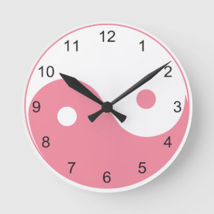 Relógio Redondo Símbolo de Yin e Yang, cor-de-rosa e branco