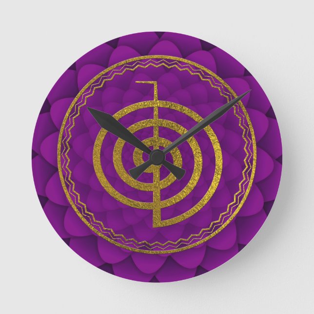 Relógio Redondo Símbolo Dourado de Choku Rei em lótus (Frente)