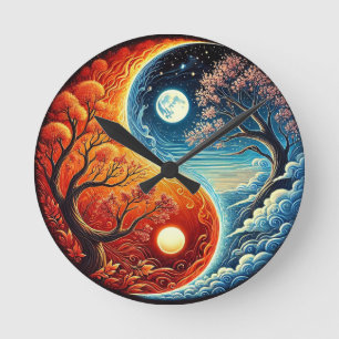 Relógio Redondo Símbolo Intricado Yin-Yang Mostrando Fogo, Água
