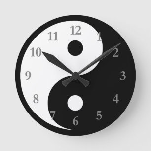 Relógio Redondo Símbolo Yin Yang branco/preto com números de Cinza