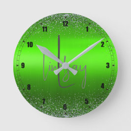 Relógio Redondo Simples Monograma de Lâmpada Verde Bruta de Metal 