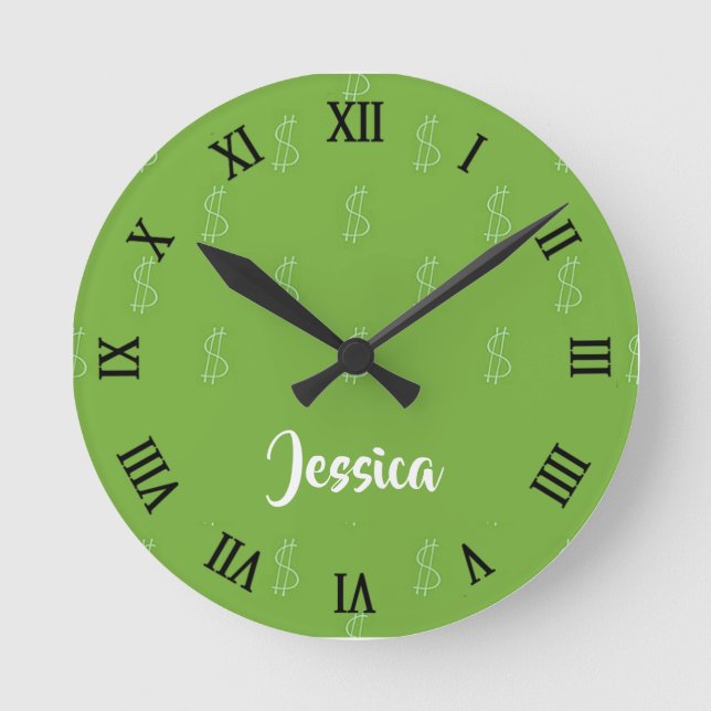 Relógio Redondo Sinal de dólar branco em verde (Frente)
