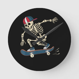 Relógio Redondo Skeleton Halloween Skate Skateboard