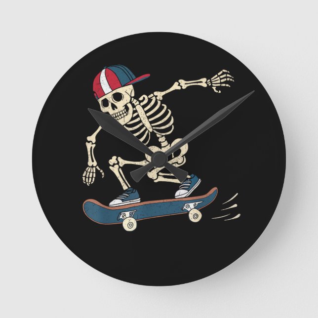 Relógio Redondo Skeleton Halloween Skate Skateboard (Frente)