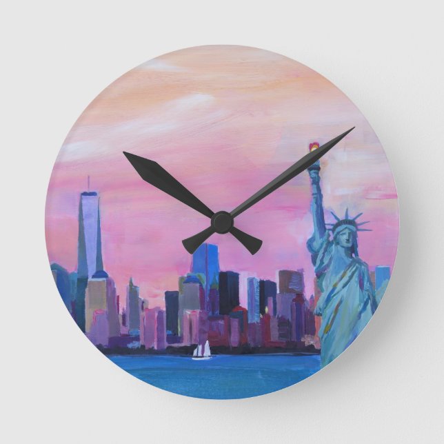 Relógio Redondo Skyline de Manhattan com estátua da liberdade (Frente)