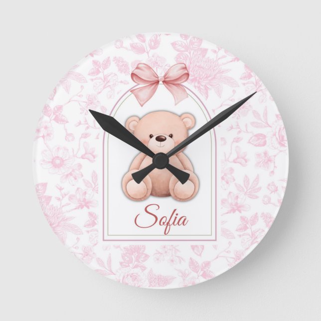 Relógio Redondo Sofia | Design de Enfermeiro de Urso Rosa Personal (Frente)