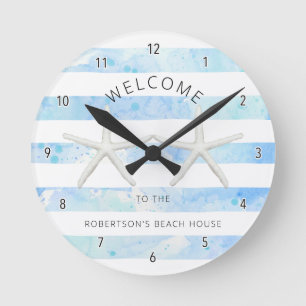 Relógio Redondo Starfish Beach Blue e White Modern Simple Stripe