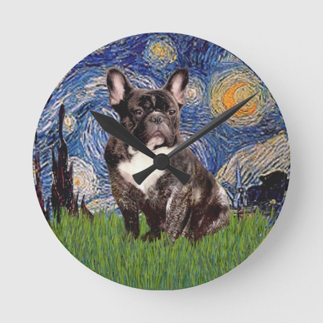Relógio Redondo Starry Night - Brindle French Bulldog (Frente)