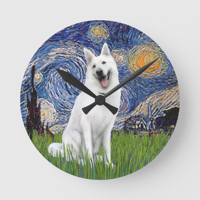 Relógio Redondo Starry Night - German shepherd branco (Frente)