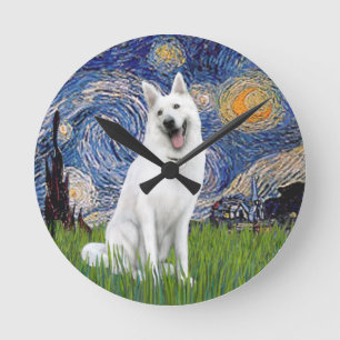 Relógio Redondo Starry Night - German shepherd branco