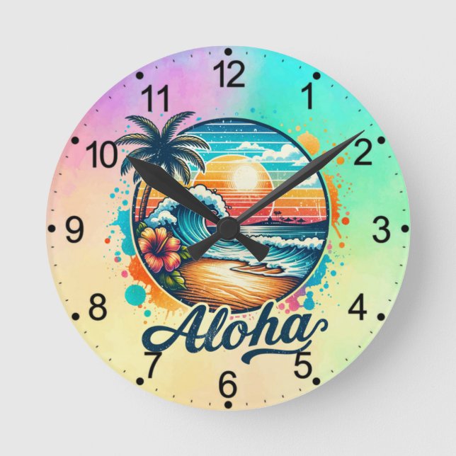 Relógio Redondo Sublimação de Vintage Beach Aloha-94953 (Frente)