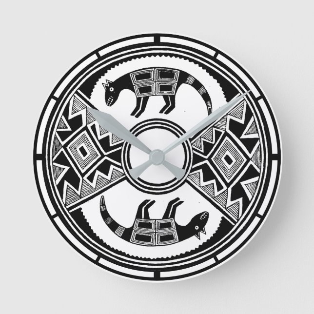 Relógio Redondo Sudoeste de Arte Lobos Antigos Mimbres Pottery (Frente)