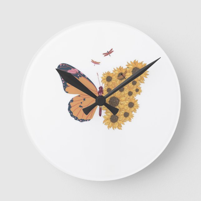 Relógio Redondo Sunflower Wings Timepiece – Butterfly Nature Wall  (Frente)