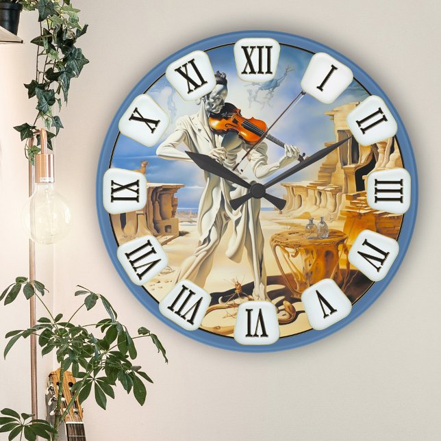 Relógio Redondo Surreal Violin Music Fine Art (Wall clock featuring a fine art painting of a violinist in a surreal landscape - with roman numbers)