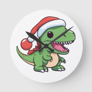 Relógio Redondo T-Rex Dinossauro Kawaii em Chapéu de Natal