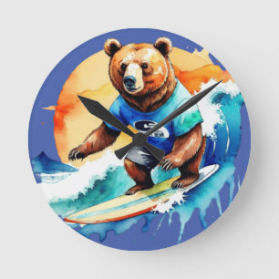 Relógio Redondo T-Shirt surf de urso engraçado