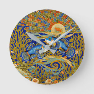 Relógio Redondo Tapeçaria Estilo Retrô Peixe Mandarin Azul
