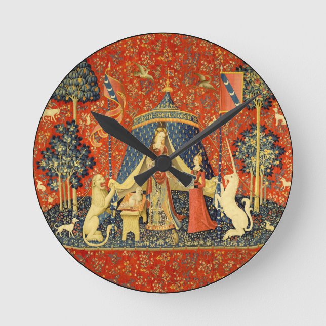 Relógio Redondo Tapeçaria Medieval A Dama e o Unicórnio: Arte Fran (Frente)