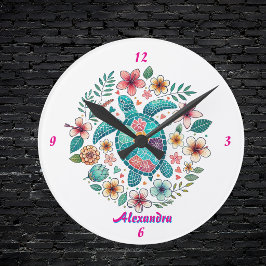 Relógio Redondo Tartaruga Marinha Floral Boho Escola Escritório No