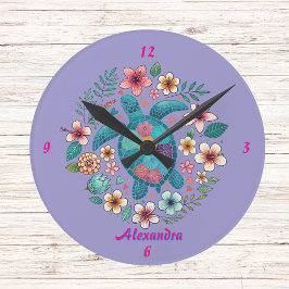 Relógio Redondo Tartaruga Marinha Floral Boho Escola Escritório No