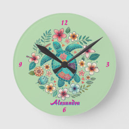 Relógio Redondo Tartaruga Marinha Floral Boho Escola Escritório No