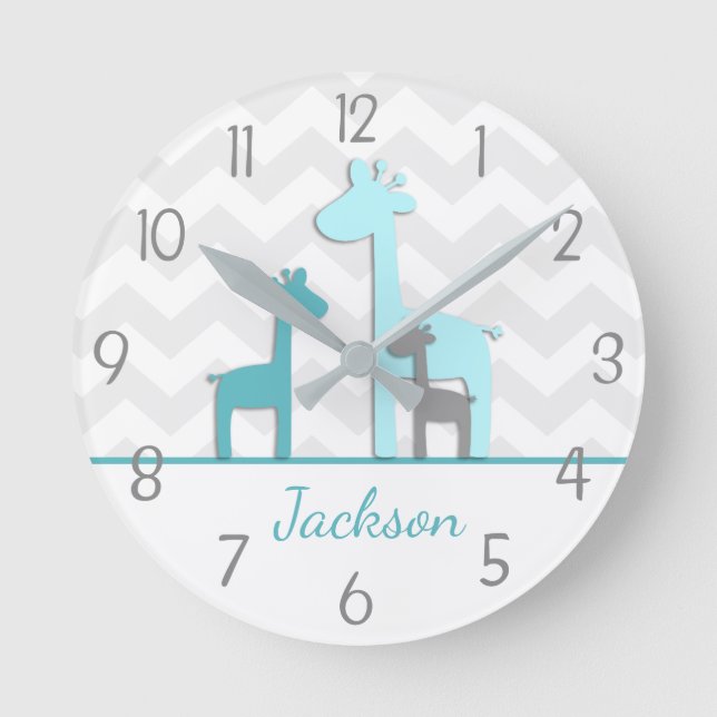 Relógio Redondo Téal Aqua Cinza Giraffe Nursery Wall Clock (Frente)