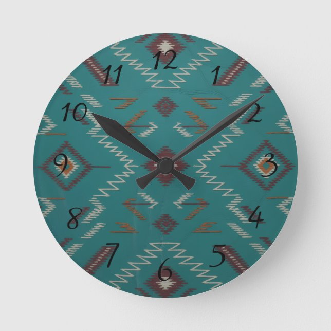 Relógio Redondo Teal Southwest Navajo Geometric (Frente)