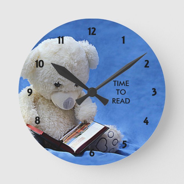 Relógio Redondo Teddy Bear Time to Read Blue Stuffed Animal, ZKOA (Frente)