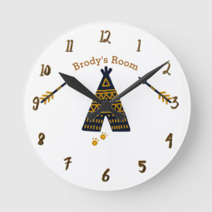 Relógio Redondo Tenda Blue & Gold Boho Rústica Nome Personalizado