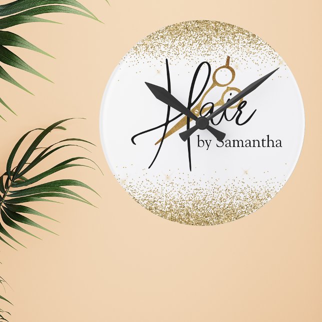 Relógio Redondo Tesoura Personalizada Ouro para Cabelereiro (Criador carregado)