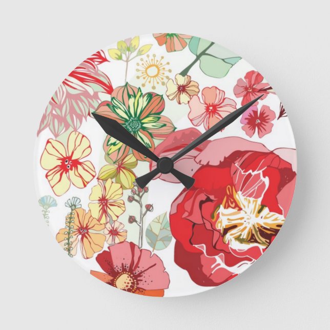 Relógio Redondo Teste padrão com flores vermelhas (Frente)
