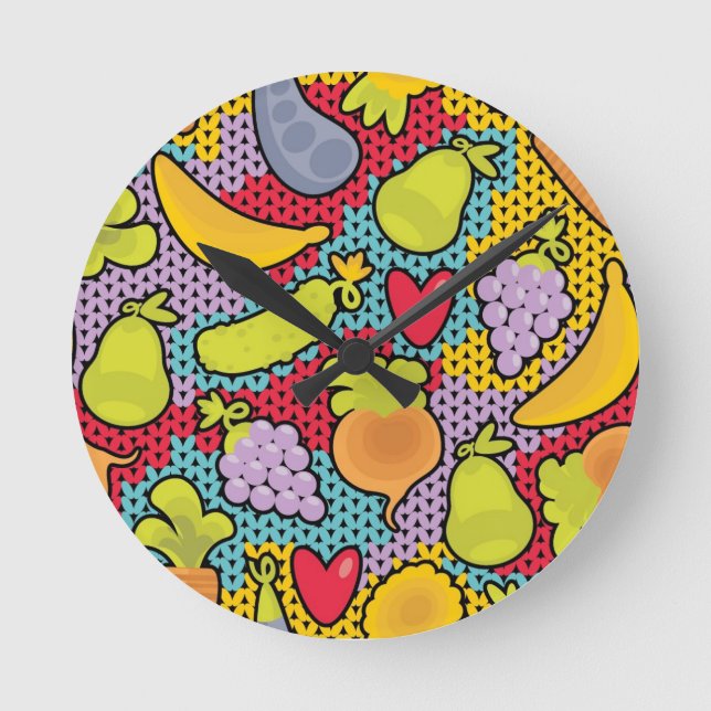Relógio Redondo Teste padrão com frutas e legumes (Frente)