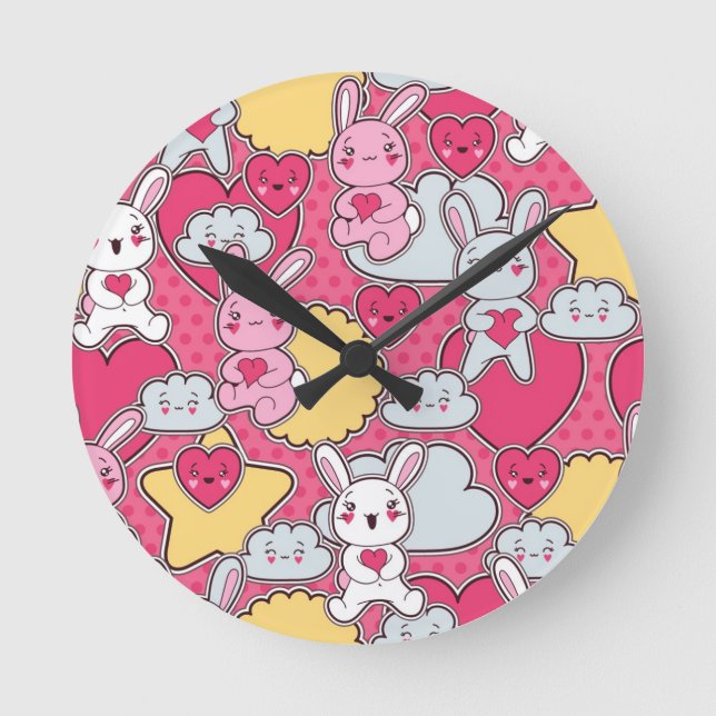 Relógio Redondo Teste padrão da criança de Kawaii com Doodles (Frente)