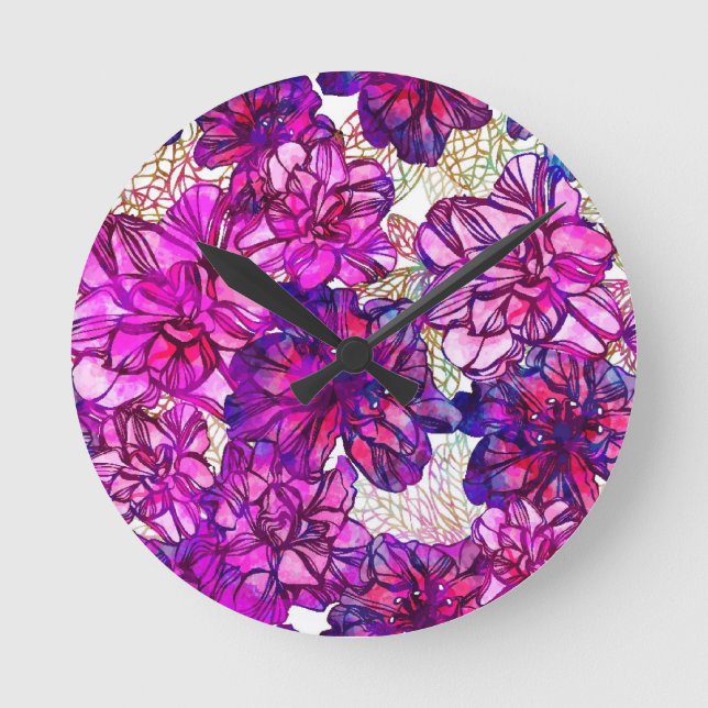 Relógio Redondo Teste padrão de flores abstrato do rosa e do roxo (Frente)