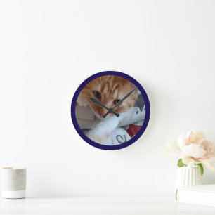 Relógio Redondo Texto de Foto de Gato Personalizar